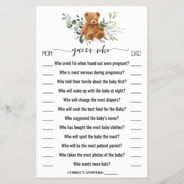 Guess Who Bear Greenery Baby Shower Game Card Flyer (Front)