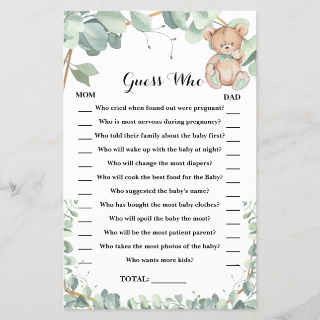 Guess Who Bear Greenery Baby Shower Game Card Flyer (Front)