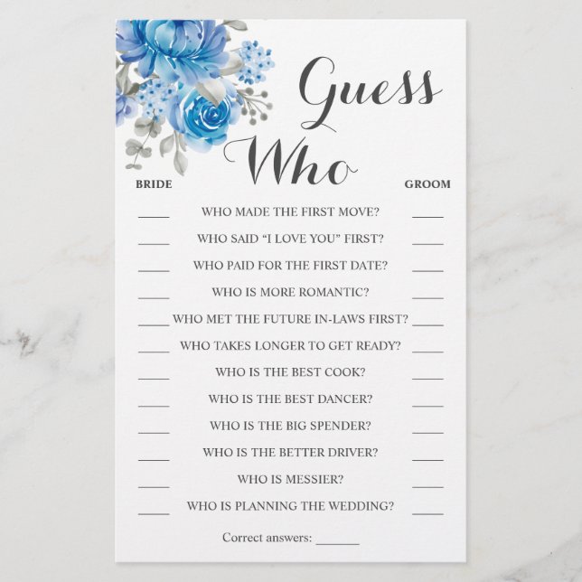 Guess Who Blue Flower Shower Game Card Flyer (Front)