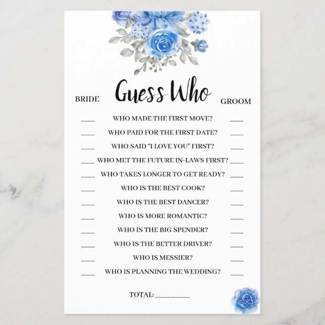 Guess Who Blue Flowers Bridal Shower Game Card Flyer (Front)