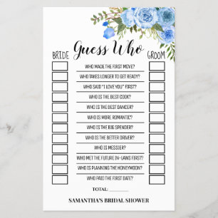Guess Who Blue Flowers Bridal Shower Game Card Flyer