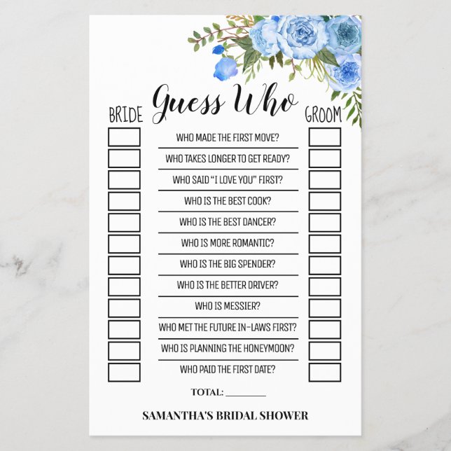 Guess Who Blue Flowers Bridal Shower Game Card Flyer (Front)