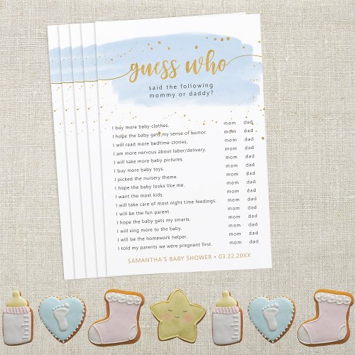 Guess Who blue watercolor  gold baby shower game