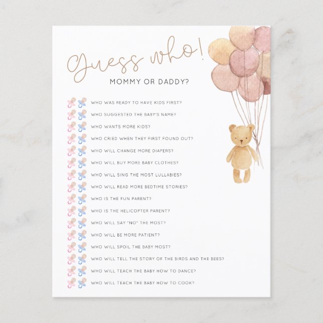Guess Who Blush Bear Balloons Baby Shower Game (Front)