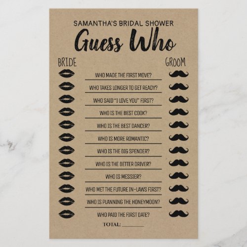 Guess Who Bridal Shower Rustic Game Card Flyer