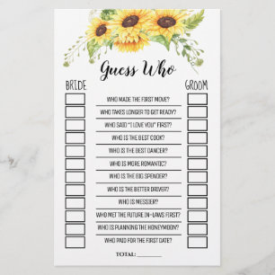 Guess Who Bridal Shower Sunflowers Game Card Flyer