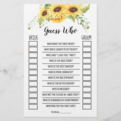 Guess Who Bridal Shower Sunflowers Game Card Flyer