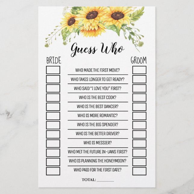 Guess Who Bridal Shower Sunflowers Game Card Flyer (Front)