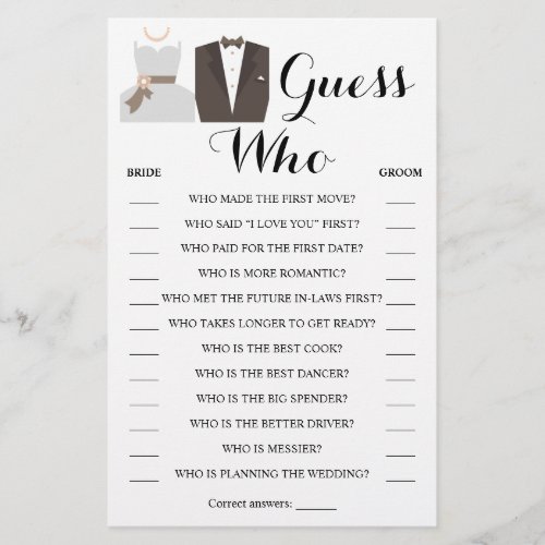 Guess Who Bride  Groom Shower Game Card Flyer
