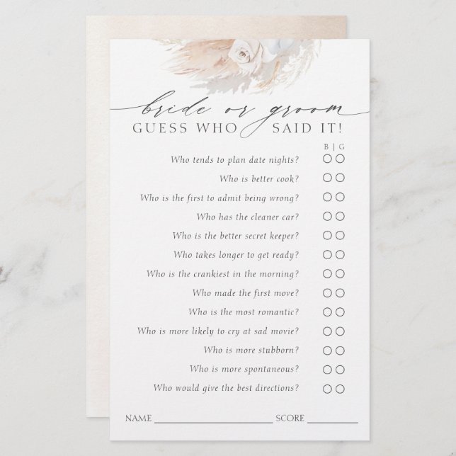 Guess Who Bride or Groom - Boho Game Card (Front/Back)