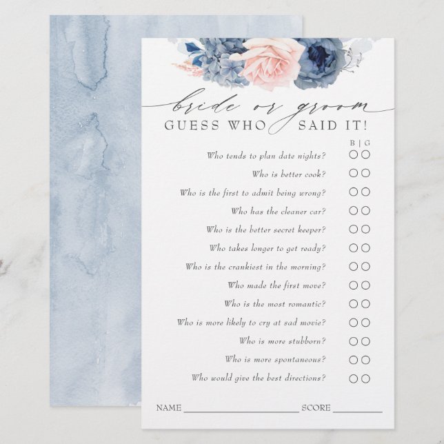 Guess Who Bride or Groom - Dusty Blue Game Card (Front/Back)