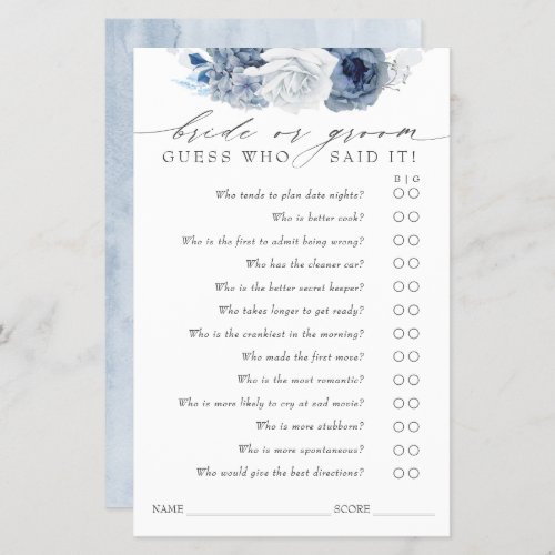 Guess Who Bride or Groom _ Dusty Blue Game Card