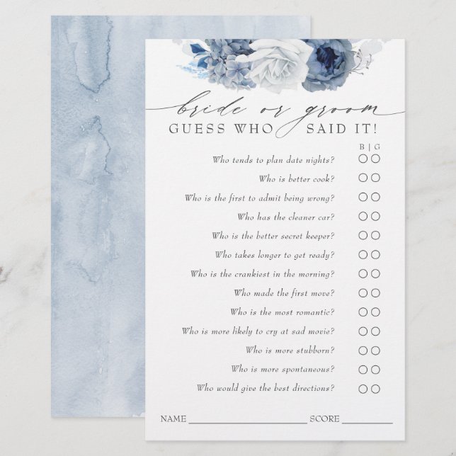 Guess Who Bride or Groom - Dusty Blue Game Card (Front/Back)