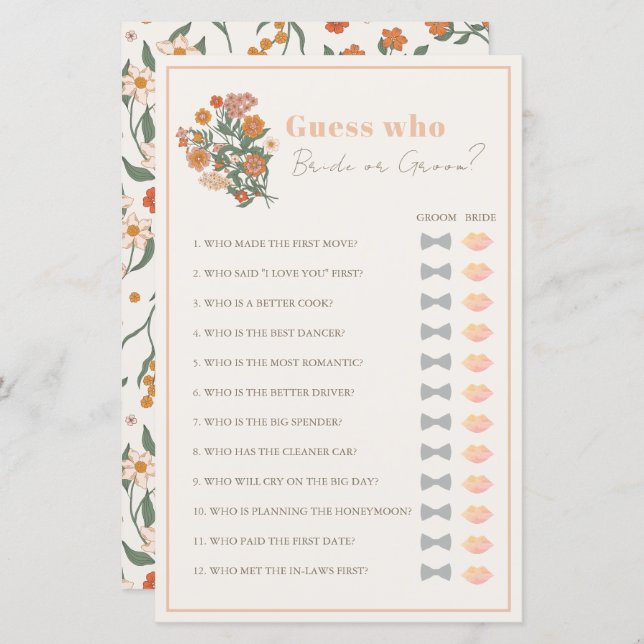 Guess Who Bride or Groom Floral Bridal Shower Game (Front/Back)