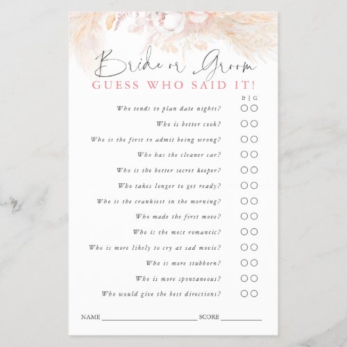 Guess Who Bride or Groom _ Game Card