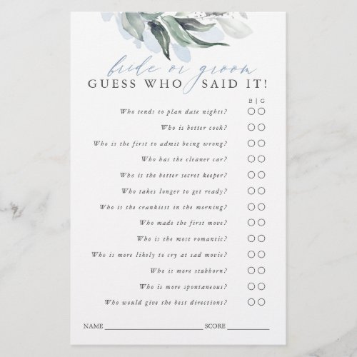 Guess Who Bride or Groom _ Greenery Game Card