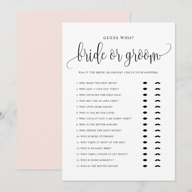 Guess Who Bride or Groom He Said She Said Card (Front/Back)