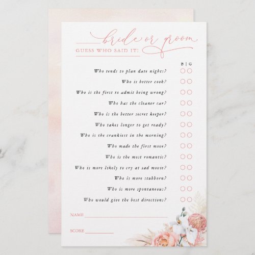 Guess Who Bride or Groom _ Pampas Grass Game Card