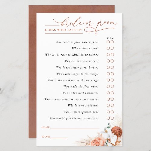 Guess Who Bride or Groom _ Pampas Grass Game Card