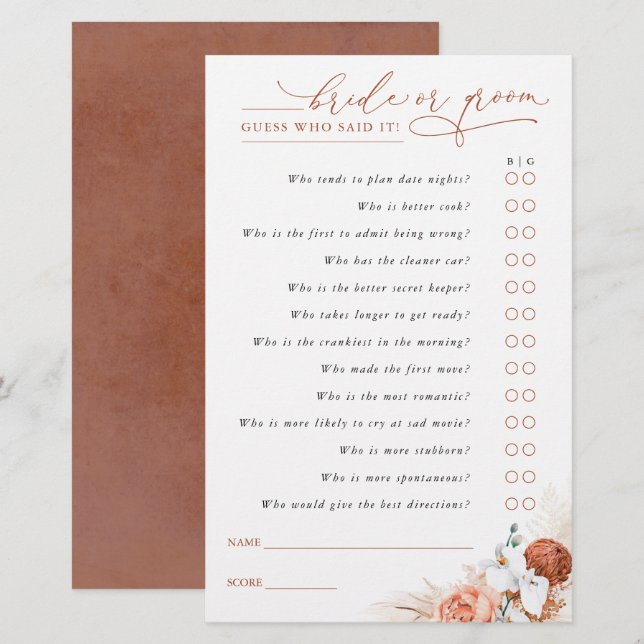 Guess Who Bride or Groom - Pampas Grass Game Card (Front/Back)