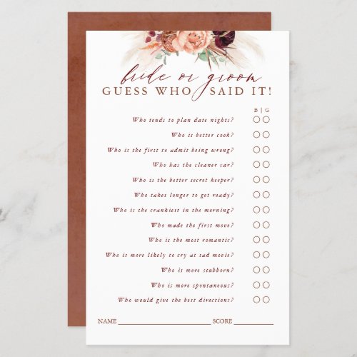 Guess Who Bride or Groom _ Pampas Grass Game Card