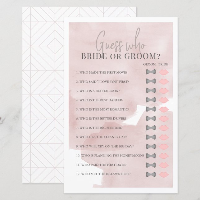 Guess Who Bride or Groom Pink Bridal Shower Game (Front/Back)