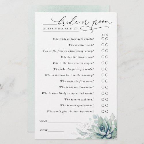 Guess Who Bride or Groom _ Succulents Game Card