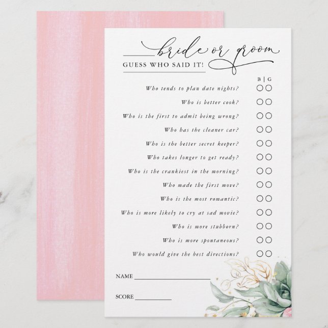 Guess Who Bride or Groom - Succulents Game Card (Front/Back)