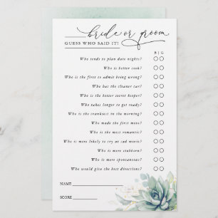 Guess Who Bride or Groom - Succulents Game Card