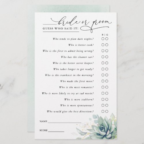 Guess Who Bride or Groom _ Succulents Game Card