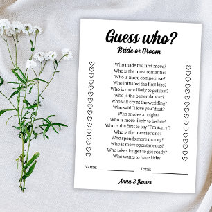 Guess Who Bride Or Groom Wedding Game Card