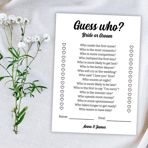 Guess Who Bride Or Groom Wedding Game Card