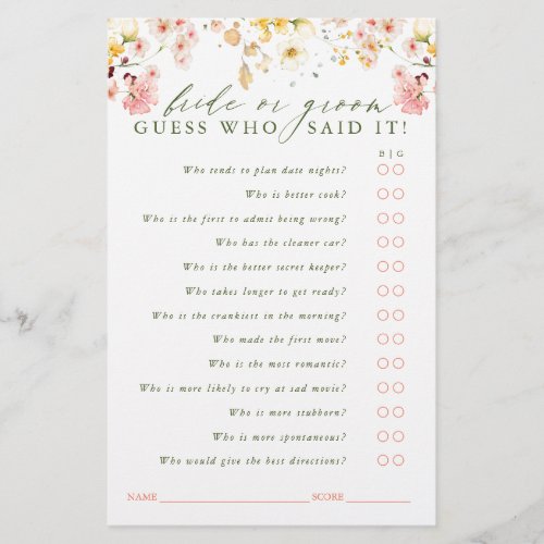 Guess Who Bride or Groom _ Wildflowers Game Card