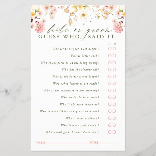 Guess Who Bride or Groom _ Wildflowers Game Card