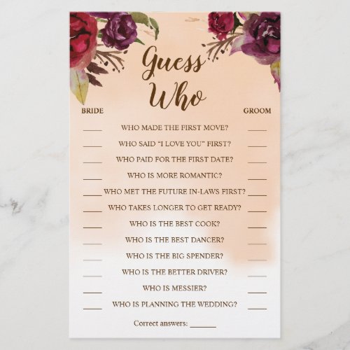 Guess Who Burgundy Flowers Shower Game Card Flyer