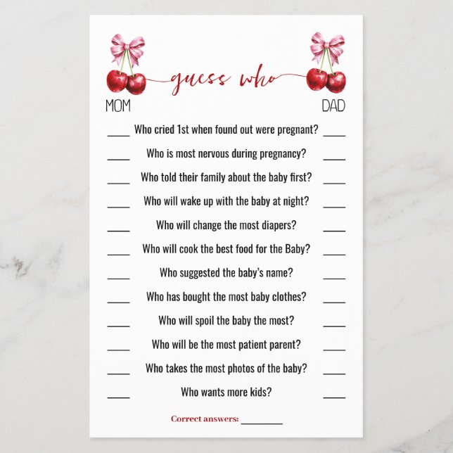 Guess Who Cherry Coquette Baby Shower Game Card Flyer (Front)