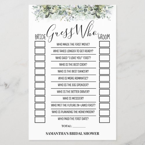 Guess Who Eucalyptus Bridal Shower Game Card Flyer
