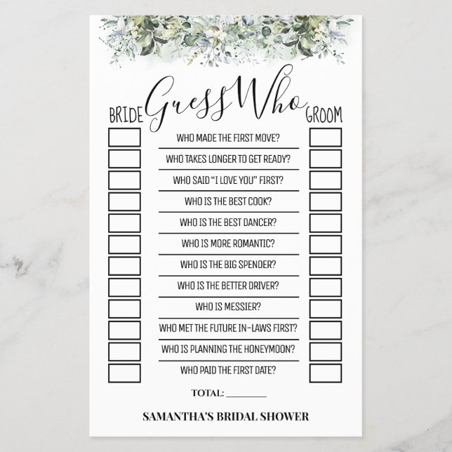 Guess Who Eucalyptus Bridal Shower Game Card Flyer (Front)