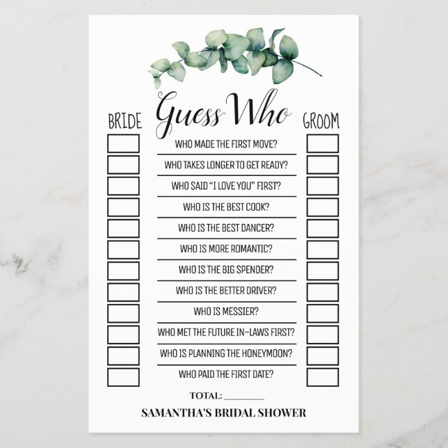 Guess Who Eucalyptus Bridal Shower Game Card Flyer (Front)