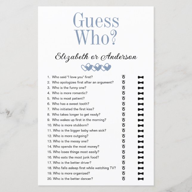 Guess Who Find Someone Who Bridal Shower Games (Front)