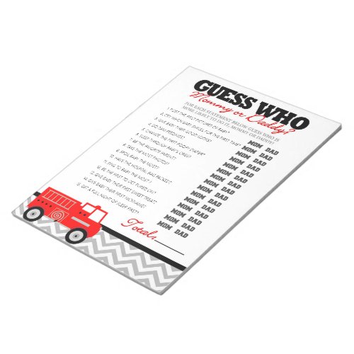 Guess Who Firetruck Baby Shower Game Pack Notepad