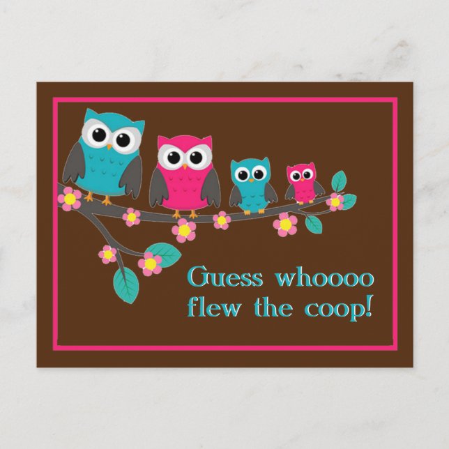 Guess Who Flew the Coop Moving Announcement Postcard (Front)