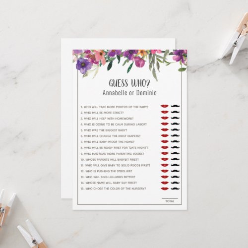 Guess Who Floral Editable Baby Shower Game  Invitation