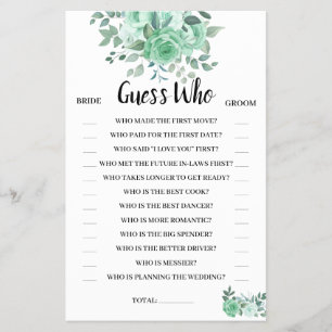 Guess Who Green Roses Bridal Shower Game Card Flyer