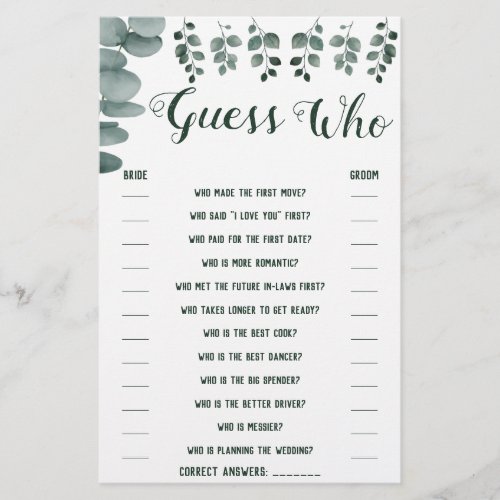 Guess Who Greenery Eucalyptus Shower Game Card Flyer