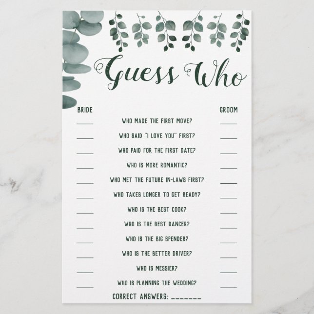 Guess Who Greenery Eucalyptus Shower Game Card Flyer (Front)