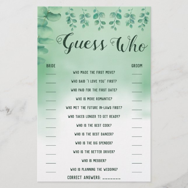 Guess Who Greenery Eucalyptus Shower Game Card Flyer (Front)