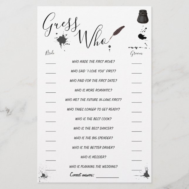 Guess Who Greenery Pen & Inkwell Shower Game Card Flyer (Front)