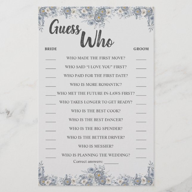 Guess Who Grey Floral Shower Game Card Flyer (Front)