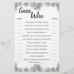 Guess Who Grey Floral Shower Game Card Flyer